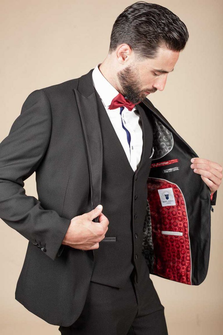 marc darcy black tux lapel 3 piece suit
