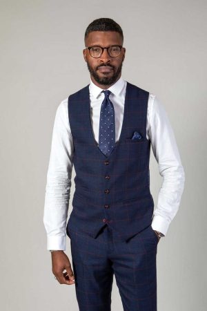 Marc Darcy Edison Navy Wine Check Waistcoat