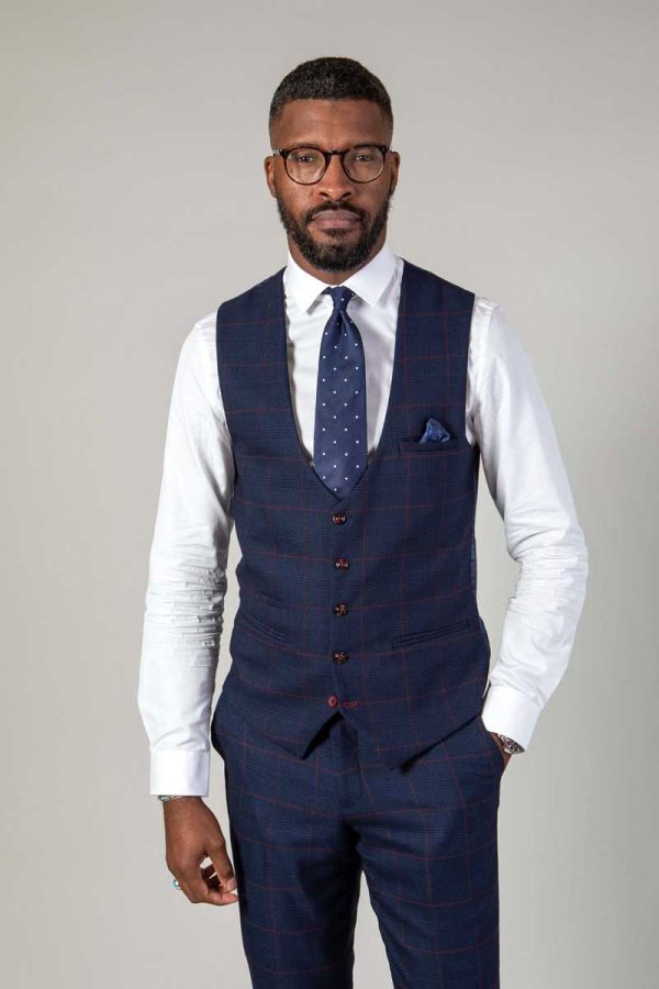 Marc Darcy Edison Navy Wine Check Waistcoat