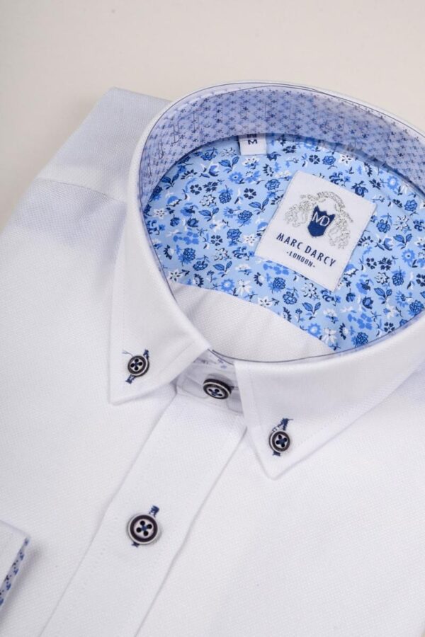White dress shirt navy buttons