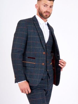 Marc Darcy Eton Blue Check Tweed Blazer_ 3 Piece Blue Tweed Check Suit