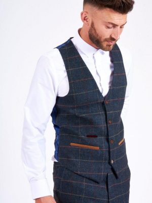 Marc Darcy Eton Blue Tweed Check Waistcoat