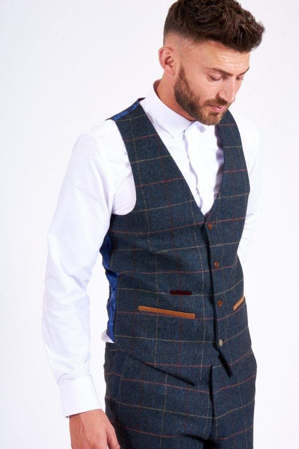 Marc Darcy Eton Blue Tweed Check Waistcoat