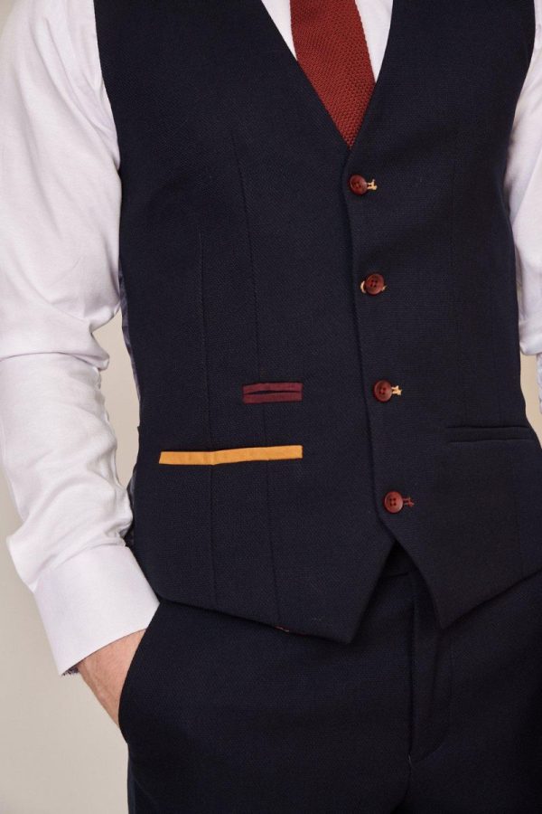 Close up detail navy JD4 Waistcoat