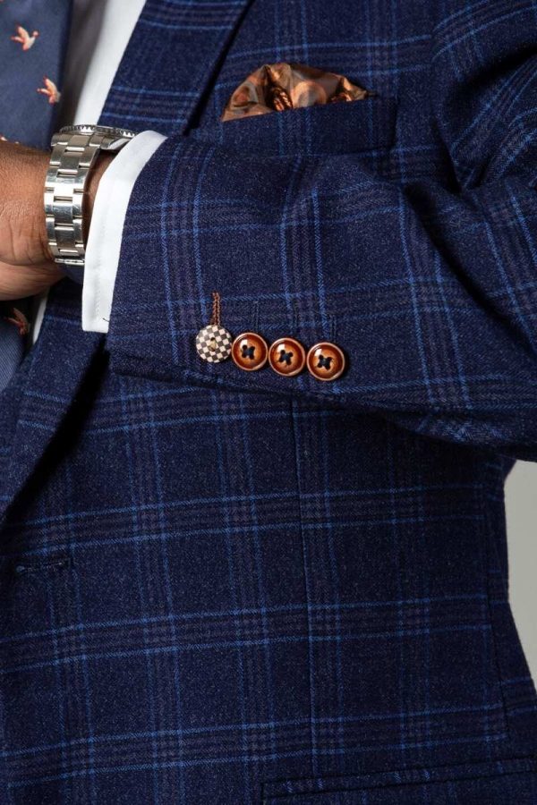 Blue Check Blazer with Tan Button Detail