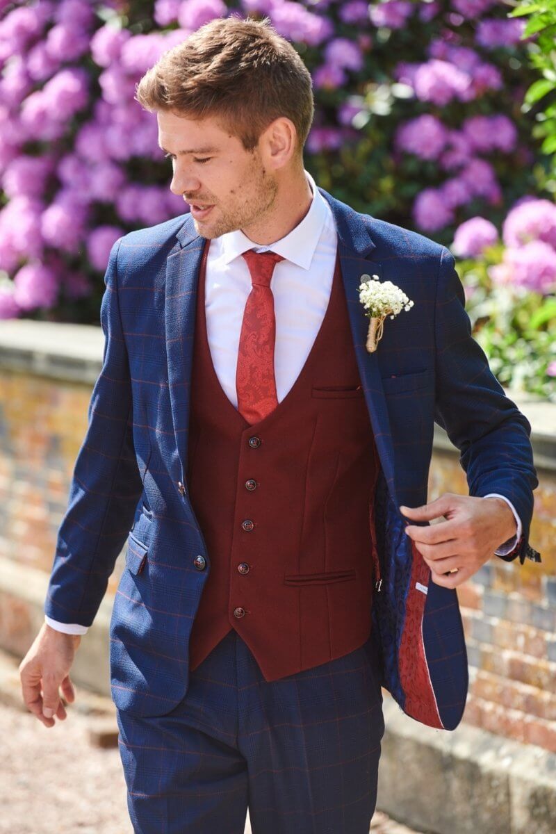 Marc Darcy Edison Check Suit with Wine Waistcoat