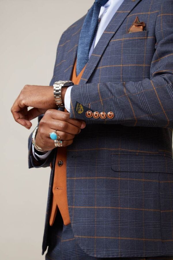 Tan buttons with waistcoat