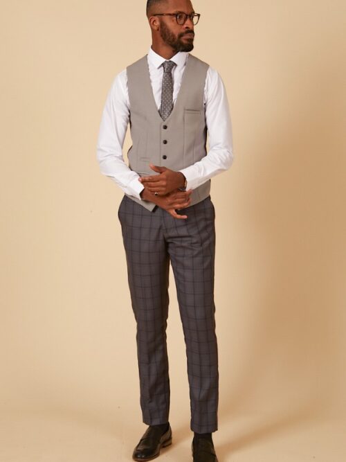 Grey check suit pants and contrast waistcoat