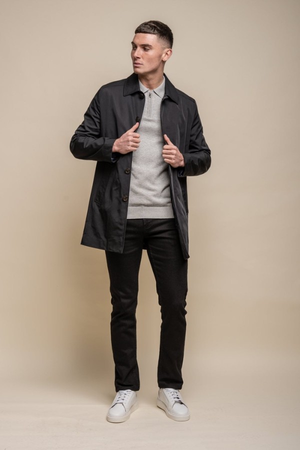 Long coat with chinos and knit