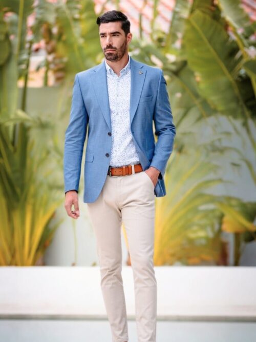 Sky blue blazer and cream chinos | Wedding & communion outfits