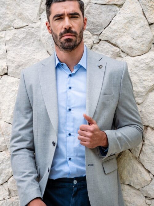 Grey blazer with blue shirt